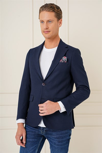 Slim Fit Yünlü Örgü Dokuma Çift Yırtmaç Lacivert Ceket C 685