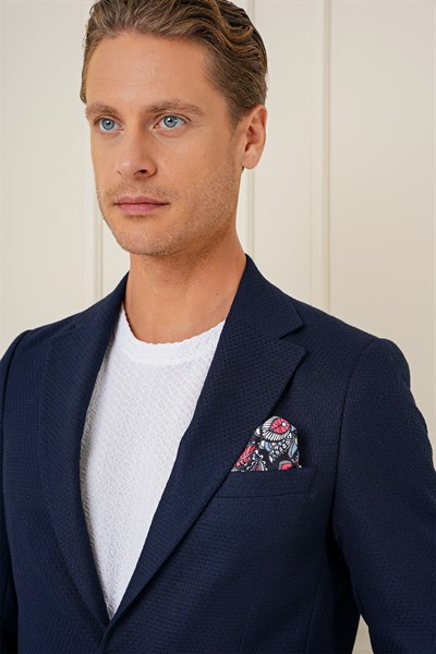 Slim Fit Yünlü Örgü Dokuma Çift Yırtmaç Lacivert Ceket C 685