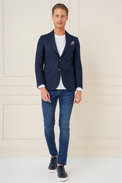 Slim Fit Yünlü Örgü Dokuma Çift Yırtmaç Lacivert Ceket C 685