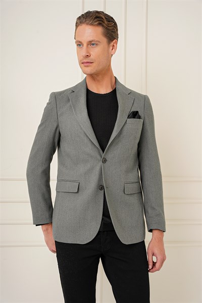 Slim Fit Yünlü Örgü Dokuma Çift Yırtmaç Haki Ceket C 685