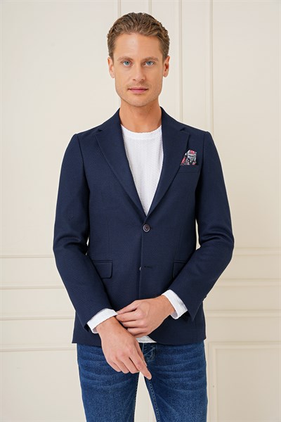 Slim Fit Yünlü Örgü Dokuma Çift Yırtmaç Lacivert Ceket C 685