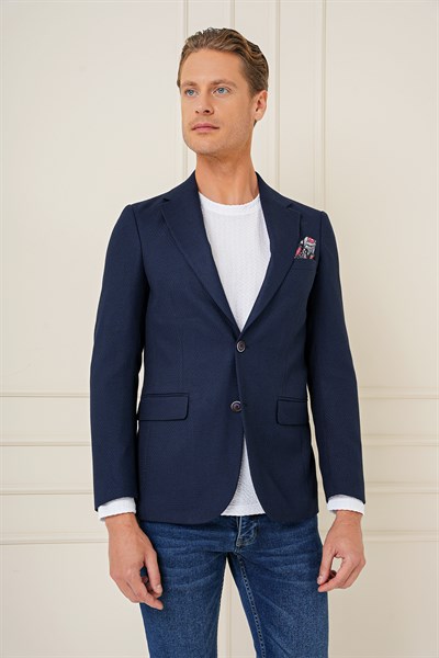 Slim Fit Yünlü Örgü Dokuma Çift Yırtmaç Lacivert Ceket C 685