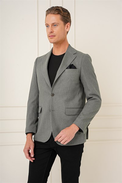 Slim Fit Yünlü Örgü Dokuma Çift Yırtmaç Haki Ceket C 685