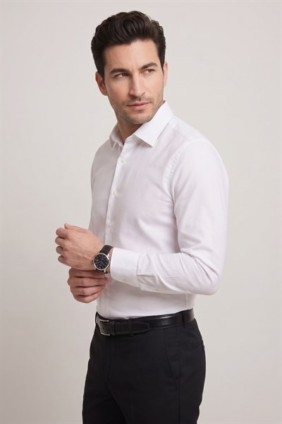 Slim Fit İtalyan Yaka Pamuklu Düz Beyaz Gömlek GK 762