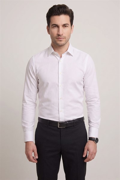 Slim Fit İtalyan Yaka Pamuklu Düz Beyaz Gömlek GK 762