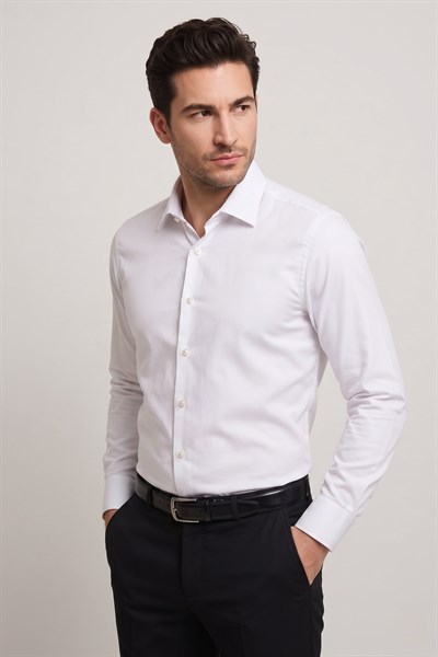 Slim Fit İtalyan Yaka Pamuklu Düz Beyaz Gömlek GK 762