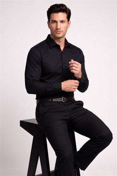 Slim Fit İtalyan Yaka Pamuklu Düz Siyah Gömlek GK 762