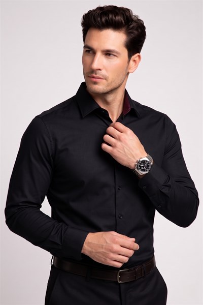 Slim Fit İtalyan Yaka Pamuklu Düz Siyah Gömlek GK 762
