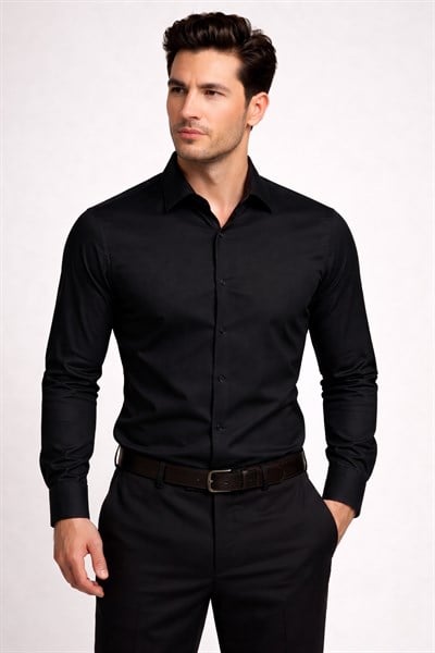 Slim Fit İtalyan Yaka Pamuklu Düz Siyah Gömlek GK 762