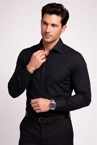 Slim Fit İtalyan Yaka Pamuklu Düz Siyah Gömlek GK 762