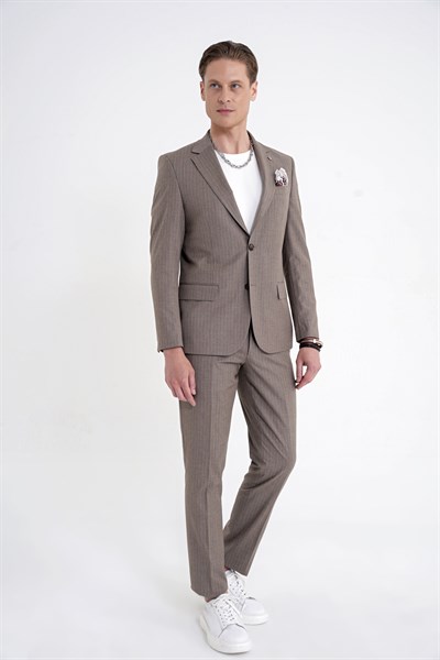 Slim Fit Mono Yaka Esnek Yünlü Bej Çizgili Takım Elbise Tk 942