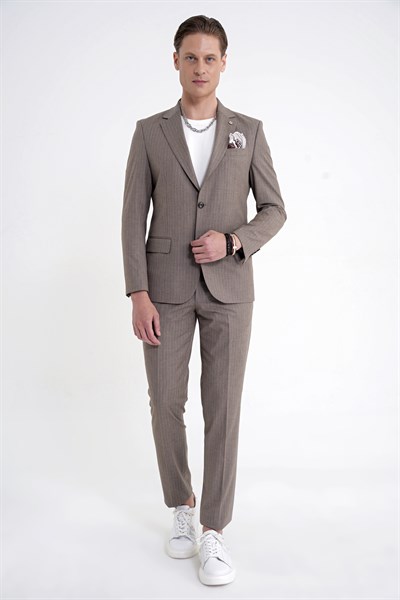 Slim Fit Mono Yaka Esnek Yünlü Bej Çizgili Takım Elbise Tk 942