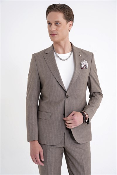 Slim Fit Mono Yaka Esnek Yünlü Bej Çizgili Takım Elbise Tk 942