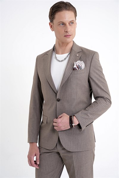Slim Fit Mono Yaka Esnek Yünlü Bej Çizgili Takım Elbise Tk 942