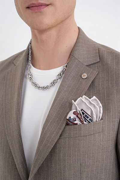 Slim Fit Mono Yaka Esnek Yünlü Bej Çizgili Takım Elbise Tk 942