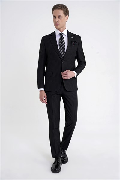 Slim Fit Mono Yaka Esnek Yünlü Siyah Çizgili Takım Elbise Tk 942