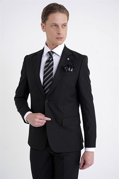 Slim Fit Mono Yaka Esnek Yünlü Siyah Çizgili Takım Elbise Tk 942