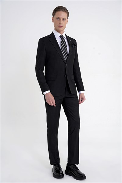 Slim Fit Mono Yaka Esnek Yünlü Siyah Çizgili Takım Elbise Tk 942