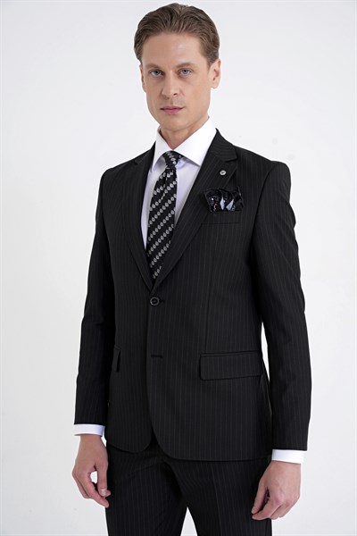 Slim Fit Mono Yaka Esnek Yünlü Siyah Çizgili Takım Elbise Tk 942