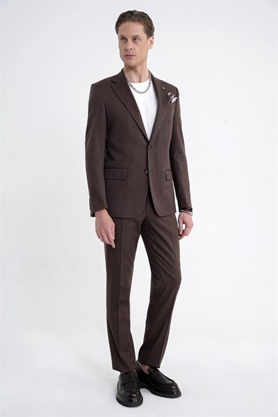 Slim Fit Mono Yaka %97 Tencel Kumaş Çift Yırtmaç Esnek Kahverengi Takım Elbise TK 941