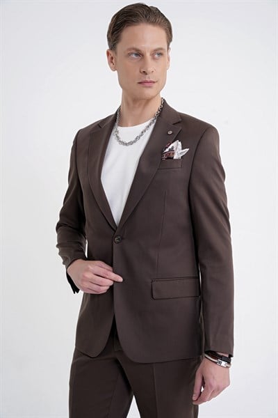 Slim Fit Mono Yaka %97 Tencel Kumaş Çift Yırtmaç Esnek Kahverengi Takım Elbise TK 941