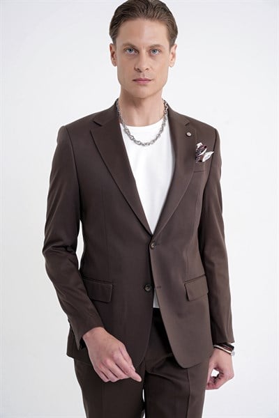Slim Fit Mono Yaka %97 Tencel Kumaş Çift Yırtmaç Esnek Kahverengi Takım Elbise TK 941