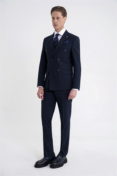 Slim Fit Çift Yırtmaç Esnek Silik Çizgili Lacivert Kruvaze Takım Elbise TK 946