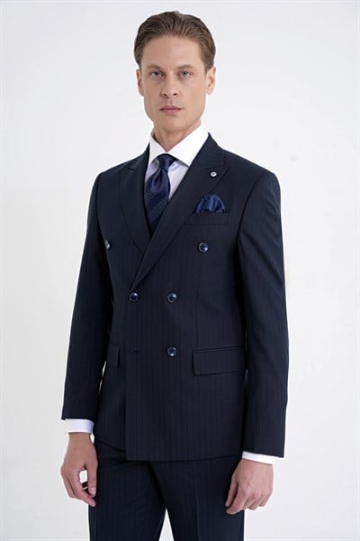 Slim Fit Çift Yırtmaç Esnek Silik Çizgili Lacivert Kruvaze Takım Elbise TK 946