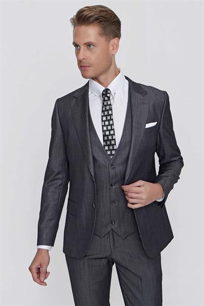 Slim Fit Çift Yırtmaç Doku Desenli Antrasit Yelekli Takım Elbise TK 858