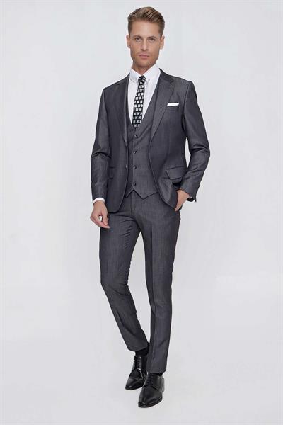 Slim Fit Çift Yırtmaç Doku Desenli Antrasit Yelekli Takım Elbise TK 858