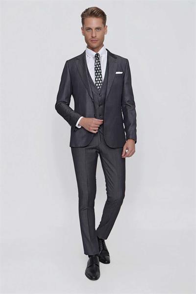 Slim Fit Çift Yırtmaç Doku Desenli Antrasit Yelekli Takım Elbise TK 858