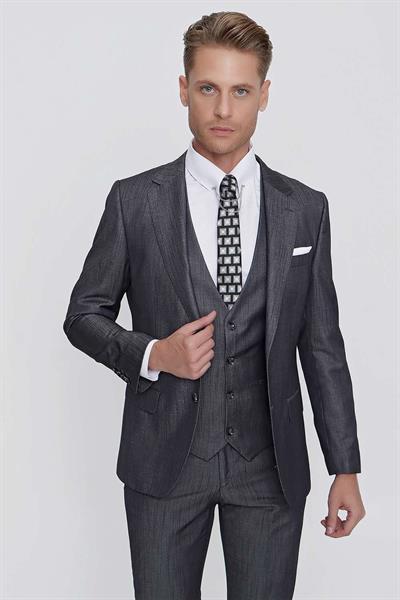 Slim Fit Çift Yırtmaç Doku Desenli Antrasit Yelekli Takım Elbise TK 858