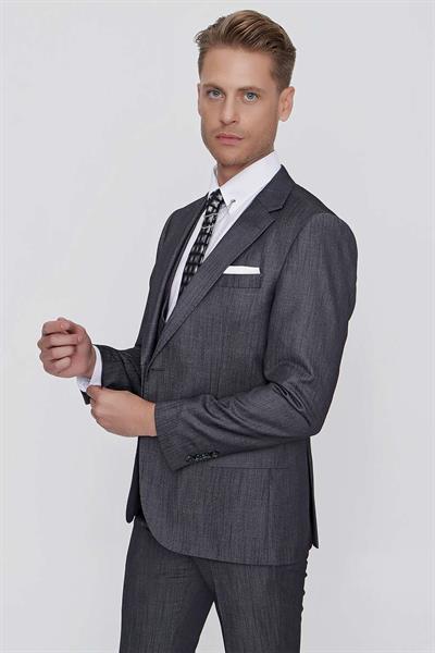 Slim Fit Çift Yırtmaç Doku Desenli Antrasit Yelekli Takım Elbise TK 858