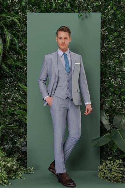 Slim Fit Çift Yırtmaç Düz Gri Mavi Yelekli Takım Elbise TK 872