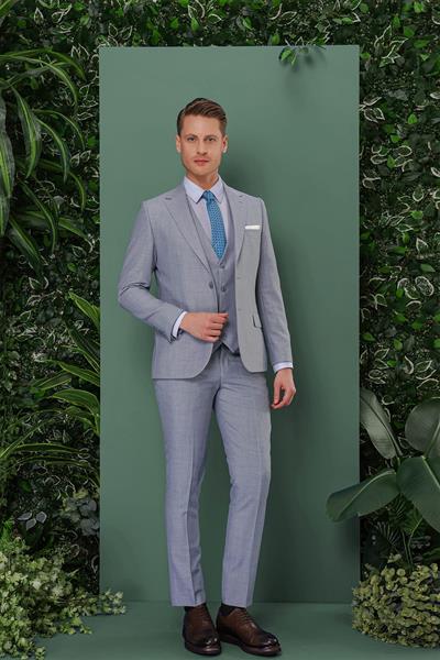 Slim Fit Çift Yırtmaç Düz Gri Mavi Yelekli Takım Elbise TK 872