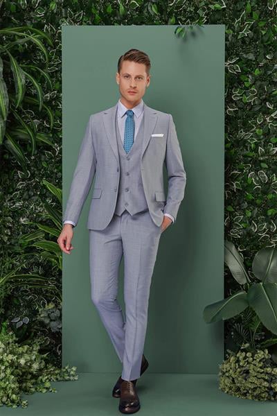 Slim Fit Çift Yırtmaç Düz Gri Mavi Yelekli Takım Elbise TK 872