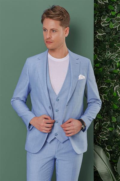 Slim Fit Çift Yırtmaç Düz Mavi Yelekli Takım Elbise TK 872