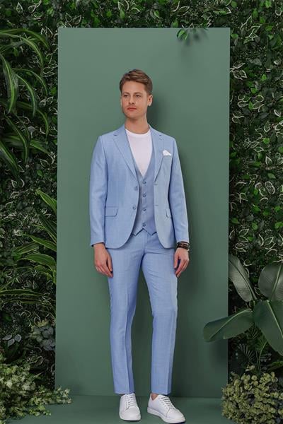 Slim Fit Çift Yırtmaç Düz Mavi Yelekli Takım Elbise TK 872