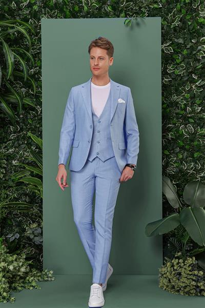 Slim Fit Çift Yırtmaç Düz Mavi Yelekli Takım Elbise TK 872