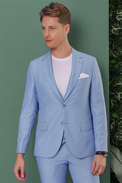 Slim Fit Çift Yırtmaç Düz Mavi Yelekli Takım Elbise TK 872