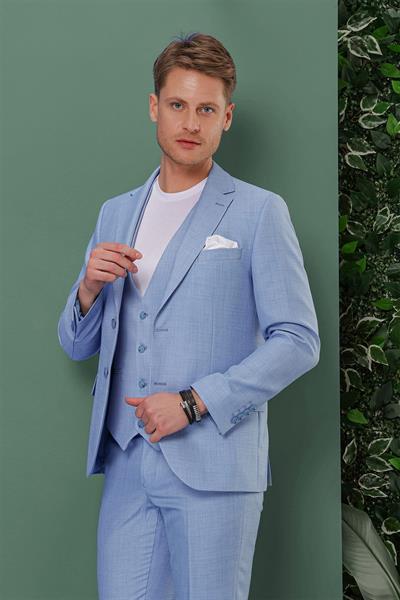 Slim Fit Çift Yırtmaç Düz Mavi Yelekli Takım Elbise TK 872