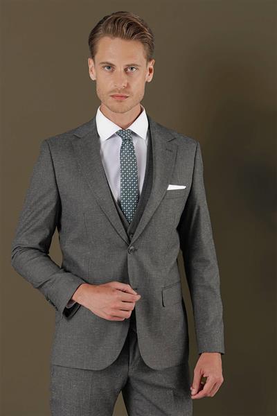 Slim Fit Mono Yaka Doku Desenli Koyu Gri Yelekli Takım Elbise TK 873