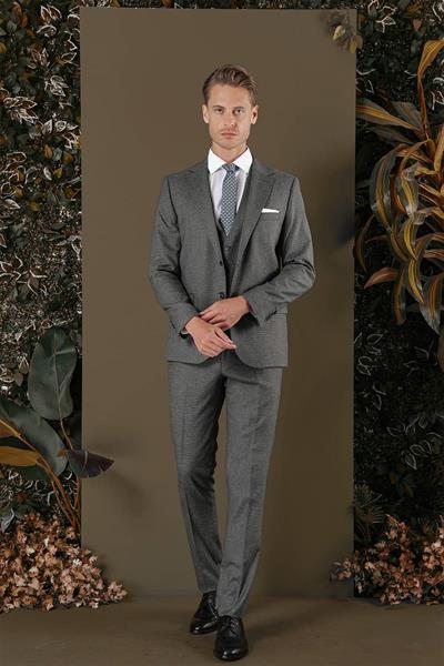 Slim Fit Mono Yaka Doku Desenli Koyu Gri Yelekli Takım Elbise TK 873