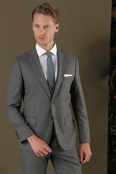 Slim Fit Mono Yaka Doku Desenli Koyu Gri Yelekli Takım Elbise TK 873
