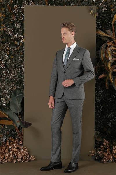Slim Fit Mono Yaka Doku Desenli Koyu Gri Yelekli Takım Elbise TK 873