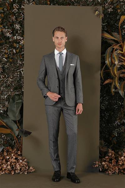Slim Fit Mono Yaka Doku Desenli Koyu Gri Yelekli Takım Elbise TK 873