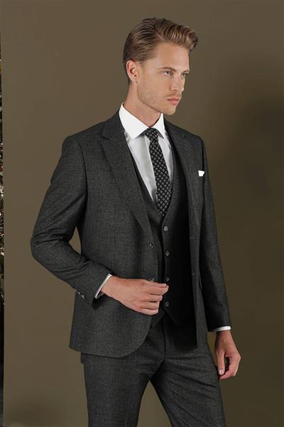 Slim Fit Çift Yırtmaç Esnek Kırçıllı Antrasit Yelekli Takım Elbise TK 876