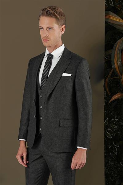Slim Fit Çift Yırtmaç Esnek Kırçıllı Antrasit Yelekli Takım Elbise TK 876