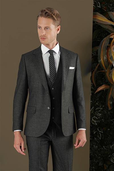 Slim Fit Çift Yırtmaç Esnek Kırçıllı Antrasit Yelekli Takım Elbise TK 876