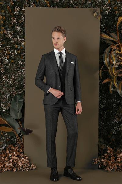 Slim Fit Çift Yırtmaç Esnek Kırçıllı Antrasit Yelekli Takım Elbise TK 876